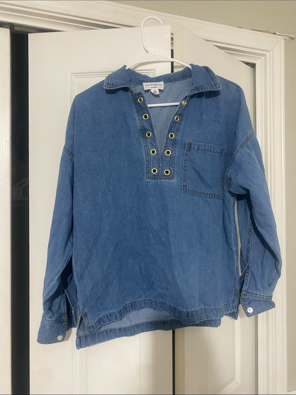 For The Republic Blue Denim Button-Detail Pullover Shirt